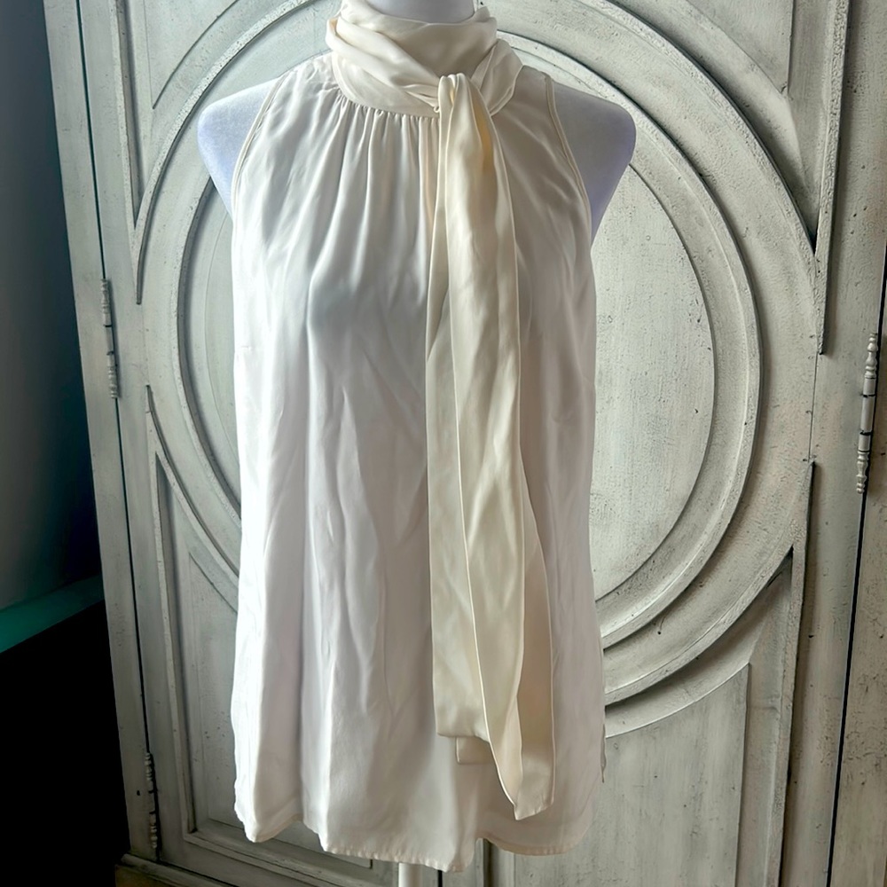 Cream tie neck silk blouse sleeveless